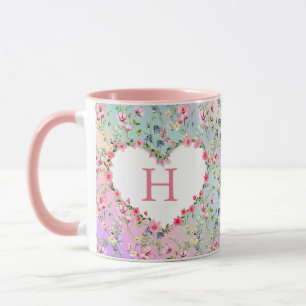 Taza Monograma de Patrón de Acuarela de Flor de Primave