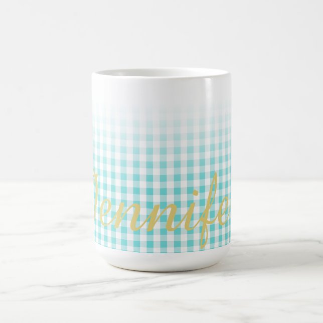 Taza monograma de patrón de gingham preppy turuquesa de (Centro)
