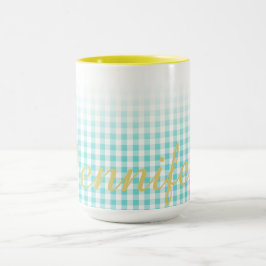 Taza monograma de patrón de gingham preppy turuquesa de