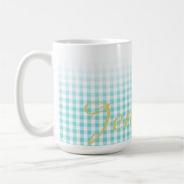 Taza monograma de patrón de gingham preppy turuquesa de