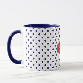 Taza monograma de patrones de puntos de polka azul y bl