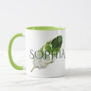 Taza Monograma de pluma personalizada verde salvia