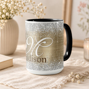 Taza Monograma de purpurina de plata falsa de oro cepil