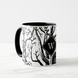 Taza Monograma de ramas de árbol abstracto negro rústic