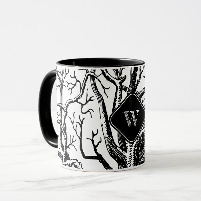 Taza Monograma de ramas de árbol abstracto negro rústic (Anverso izquierdo)