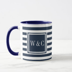 Taza Monograma de Raya Azul Marino y Blanco
