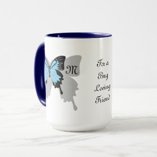 Taza Monograma de sombra de mariposa azul con respaldo