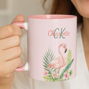 Taza Monograma de verano tropical de flamingo rosa