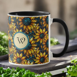 Taza Monograma de vidrio manchado de girasol dorado y V
