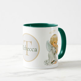 Taza Monograma del Ángel de Navidad retro festivo