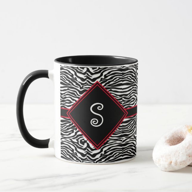 Taza Monograma del modelo moderno de franja blanca negr (Con donut)