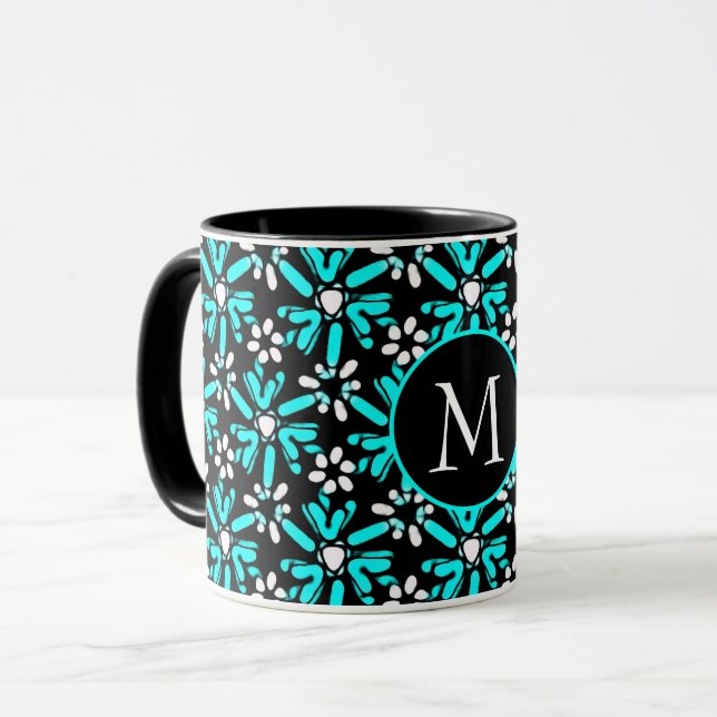 Taza Monograma del patrón de flor Aqua Blue & Black Bat (Anverso izquierdo)