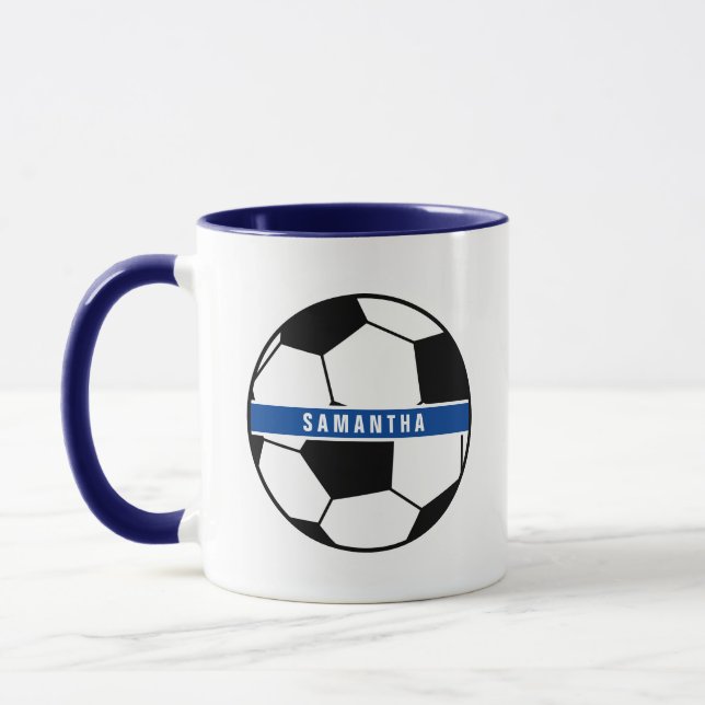 Taza Monograma deportivo de fútbol blanco y azul negro (Izquierda)