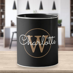 Taza Monograma dorado de escritura moderna negro