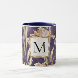Taza Monograma dorado floral de iris púrpura romántico