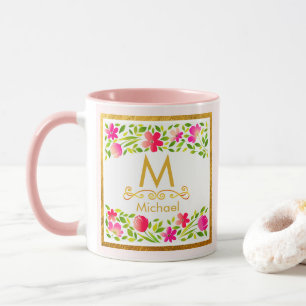 Taza Monograma dorado floral rosa acuarela elegante