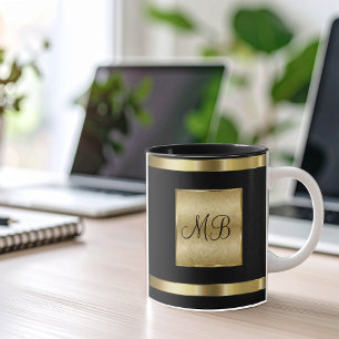 Taza Monograma Elegante de Color Dorado y Negro