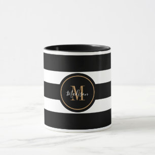 Taza Monograma Elegante Del Guión De Rayas Blancas Y N