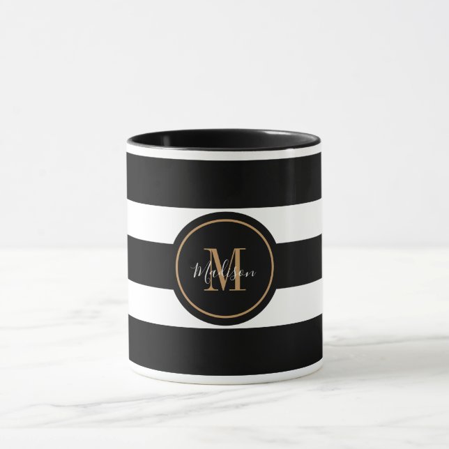 Taza Monograma Elegante Del Guión De Rayas Blancas Y Ne (Centro)