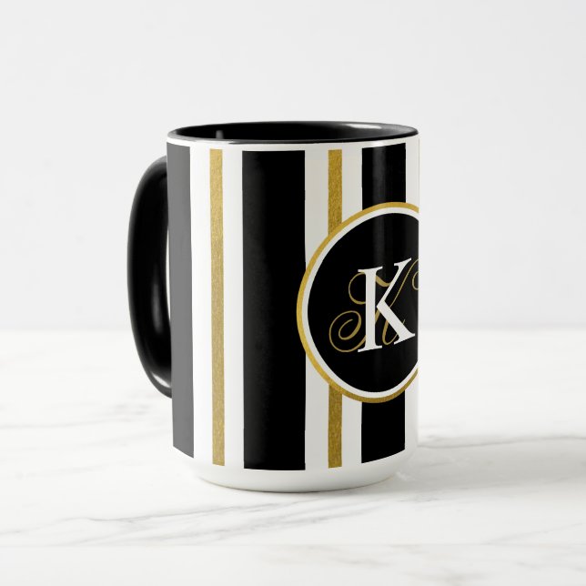 Taza Monograma elegante personalizado de franjas de oro (Anverso izquierdo)