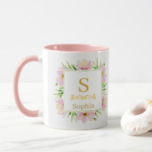 Taza Monograma floral de acuarela I Inicial dorada pers
