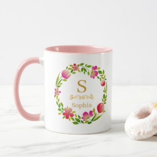 Taza Monograma Floral de Acuarela I Inicial Dorada Pers