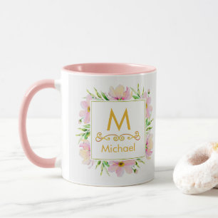 Taza Monograma Floral de Acuarela I Inicial y Nombre en