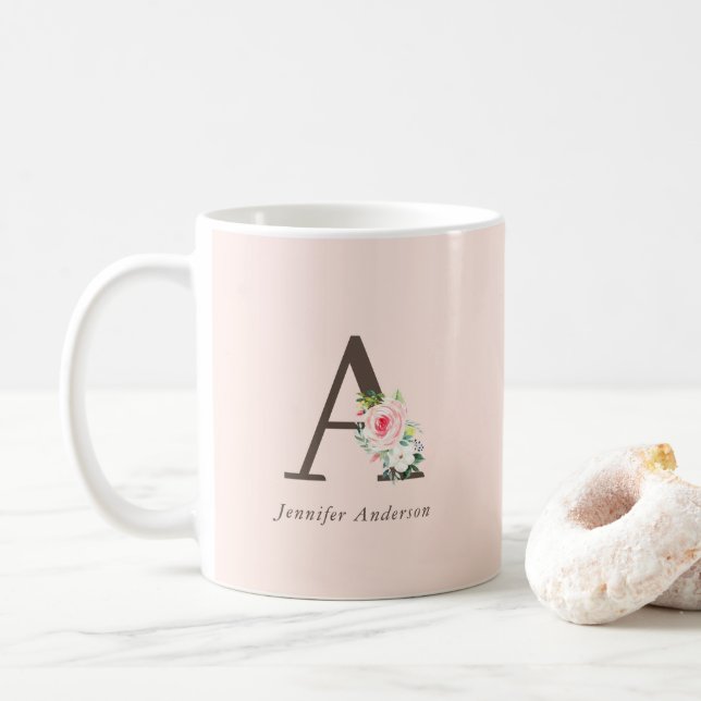 Taza Monograma floral de acuarela rosa (Con donut)