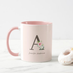 Taza Monograma floral de acuarela rosa