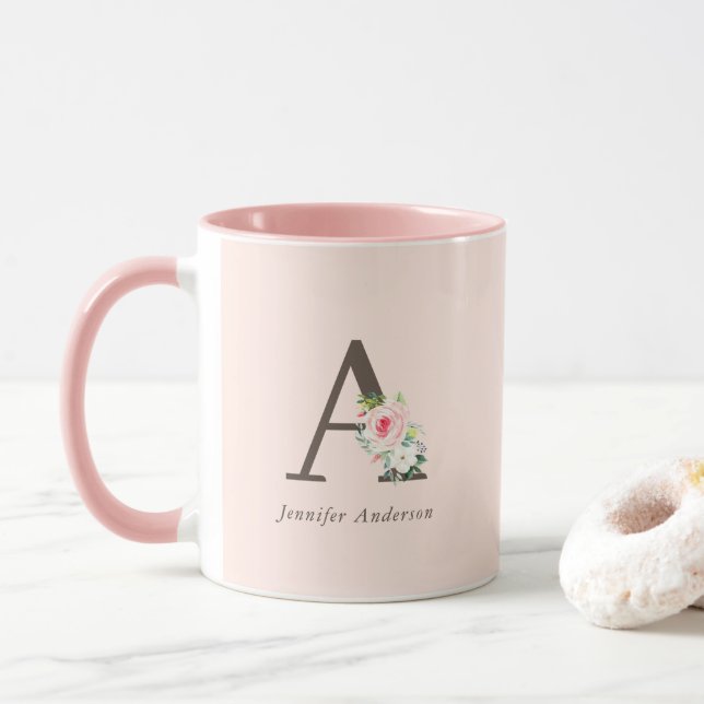Taza Monograma floral de acuarela rosa (Con donut)