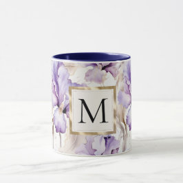 Taza Monograma floral de iris púrpura blanco romántico
