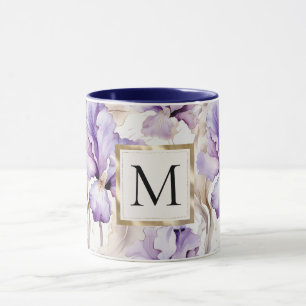 Taza Monograma floral de iris púrpura blanco romántico