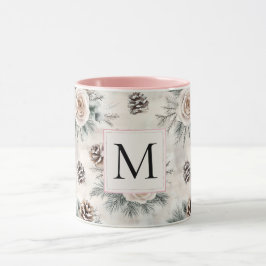 Taza Monograma Floral de Piñas de Navidad Rosa Claro