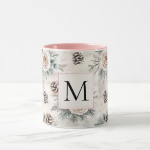 Taza Monograma Floral de Piñas de Navidad Rosa Claro