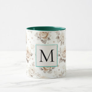 Taza Monograma floral de rosa crema romántica