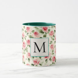 Taza Monograma floral de rosas rosadas con toque románt