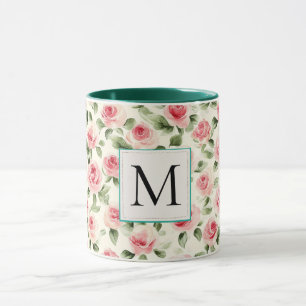 Taza Monograma floral de rosas rosadas con toque románt
