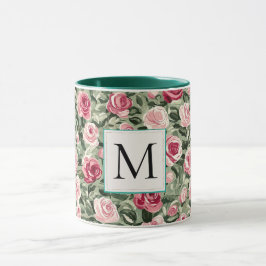 Taza Monograma floral de rosas rosadas verdes azul verd