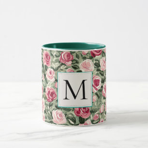 Taza Monograma floral de rosas rosadas verdes azul verd