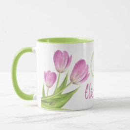 Taza Monograma floral elegante de tulipanes rosados de
