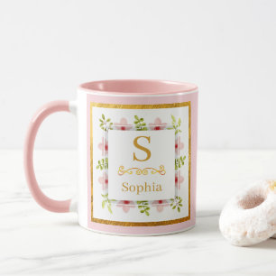 Taza Monograma Floral en Acuarela I Inicial Dorada Pers