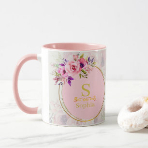 Taza Monograma Floral en Acuarela I Inicial Dorada Pers