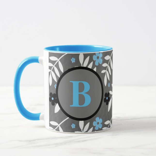 Taza Monograma floral gris y azul de moda (Izquierda)