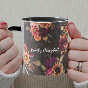 Taza Monograma floral naranja fucsia elegante