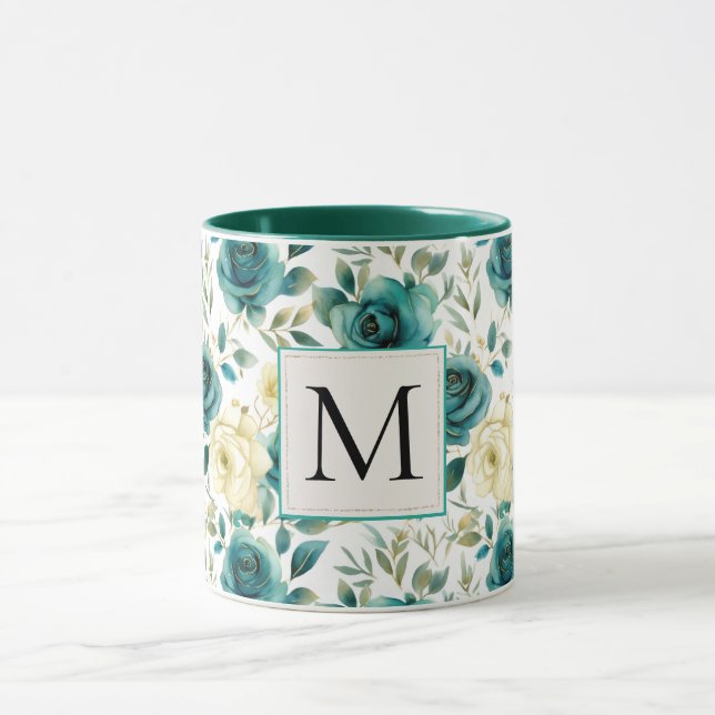 Taza Monograma floral romántico de crema verde verde Ro (Centro)