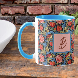 Taza Monograma Floral Rosa Azul Estilo William Morris