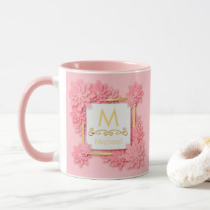 Taza Monograma floral rosa I Inicial y nombre dorado pe