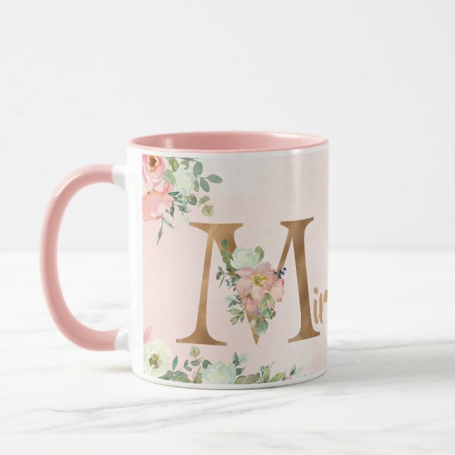 Taza Monograma floral rosa M acuarela con Nombre (Izquierda)