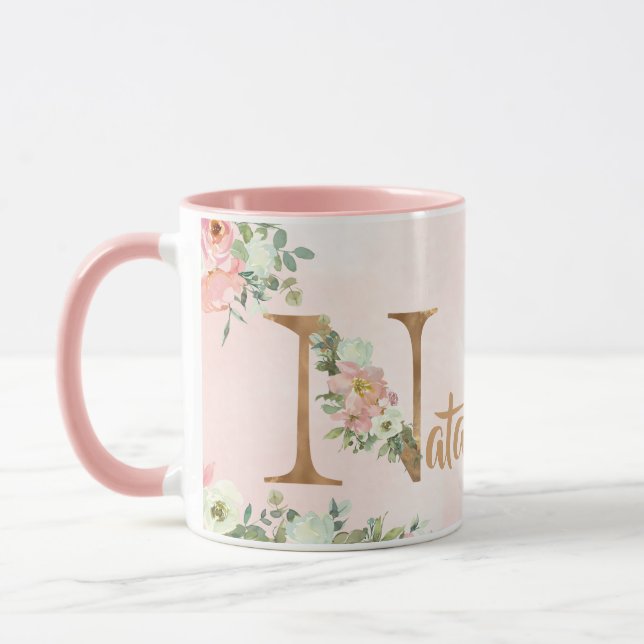 Taza Monograma floral rosa N acuarela con Nombre (Izquierda)