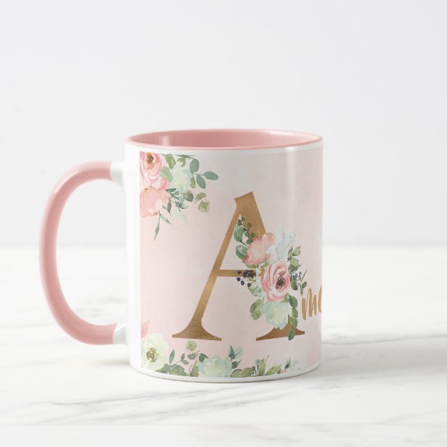 Taza Monograma floral rosa Una acuarela con nombre (Izquierda)